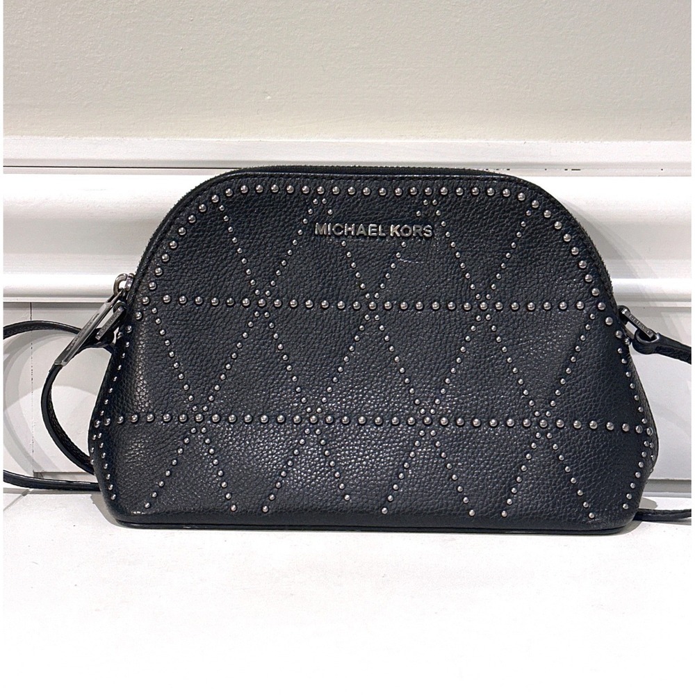 Michael Kors Black Leather Studded Dome Crossbody Bag Silver Studs Zipper Purse